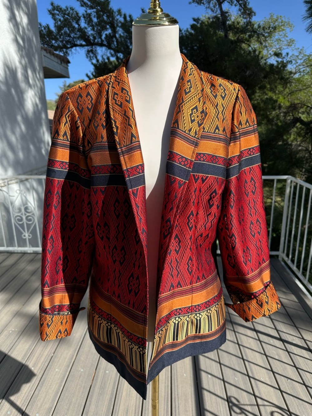 Coldwater Creek Open-Front Red & Orange Patterned Blazer